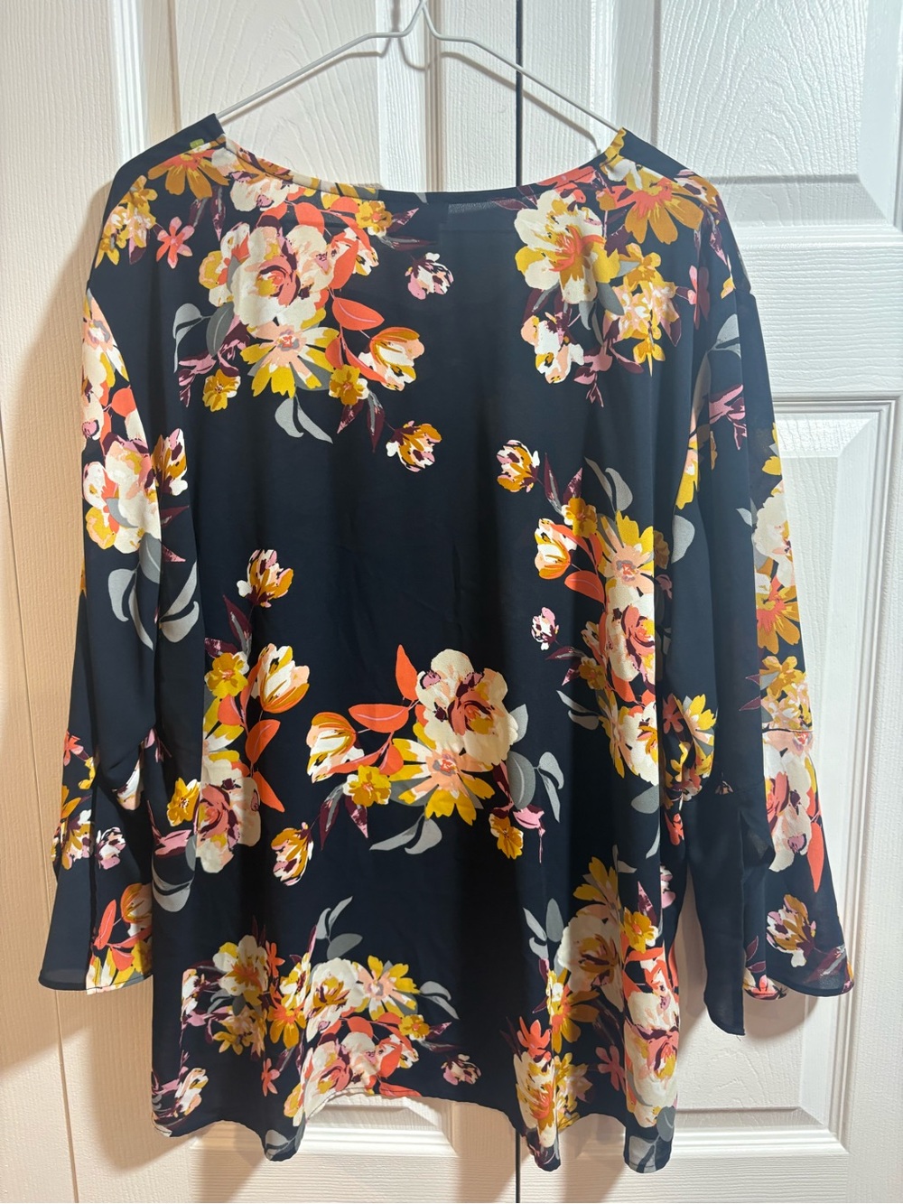 Rose & Olive Navy Floral Lace-Up V-Neck Blouse Boho Office Chic - Picture 5 of 5